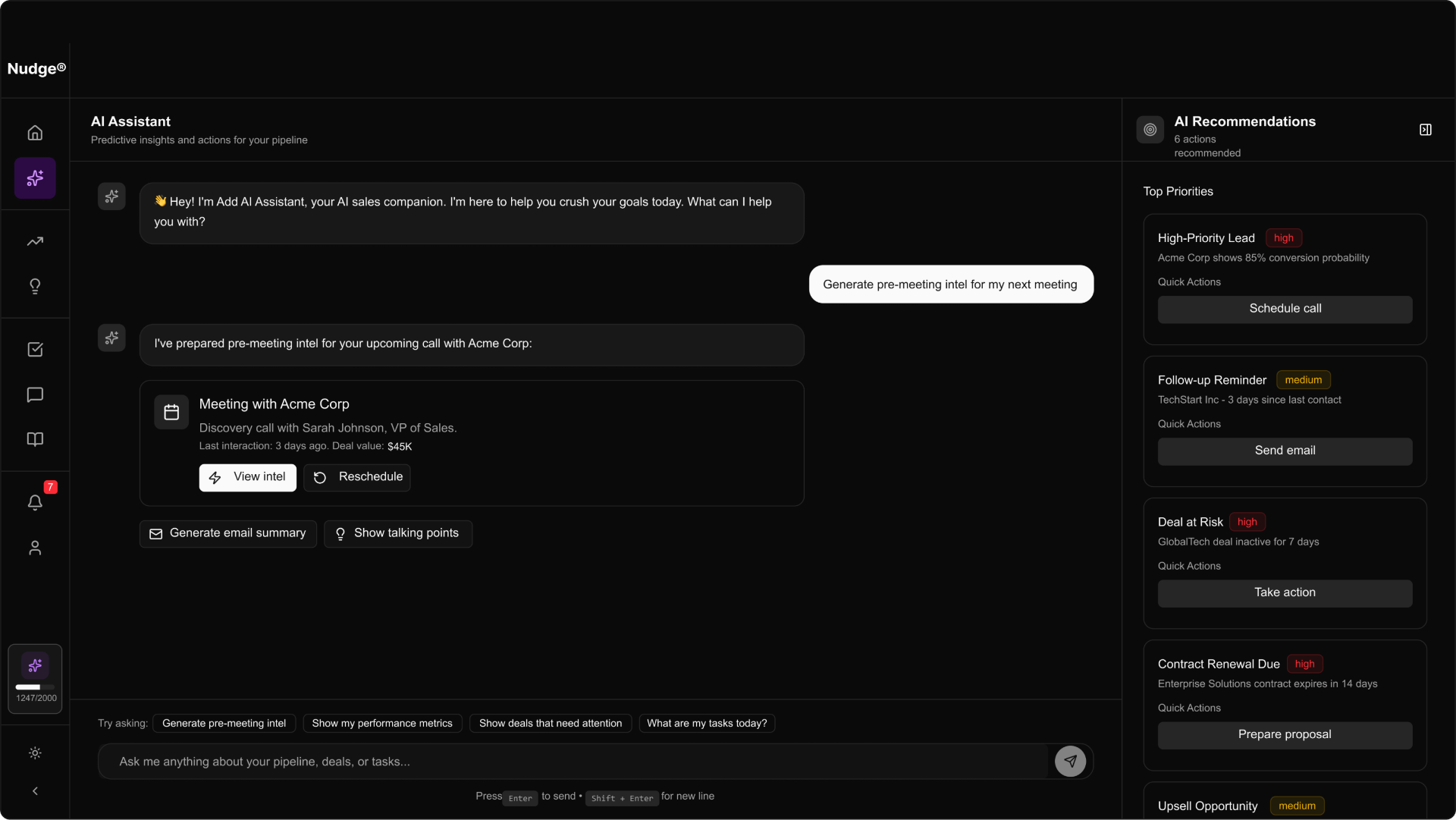 Addvocate AI-powered sales automation platform dashboard showing deal tracking, meeting prep, and CRM features in action